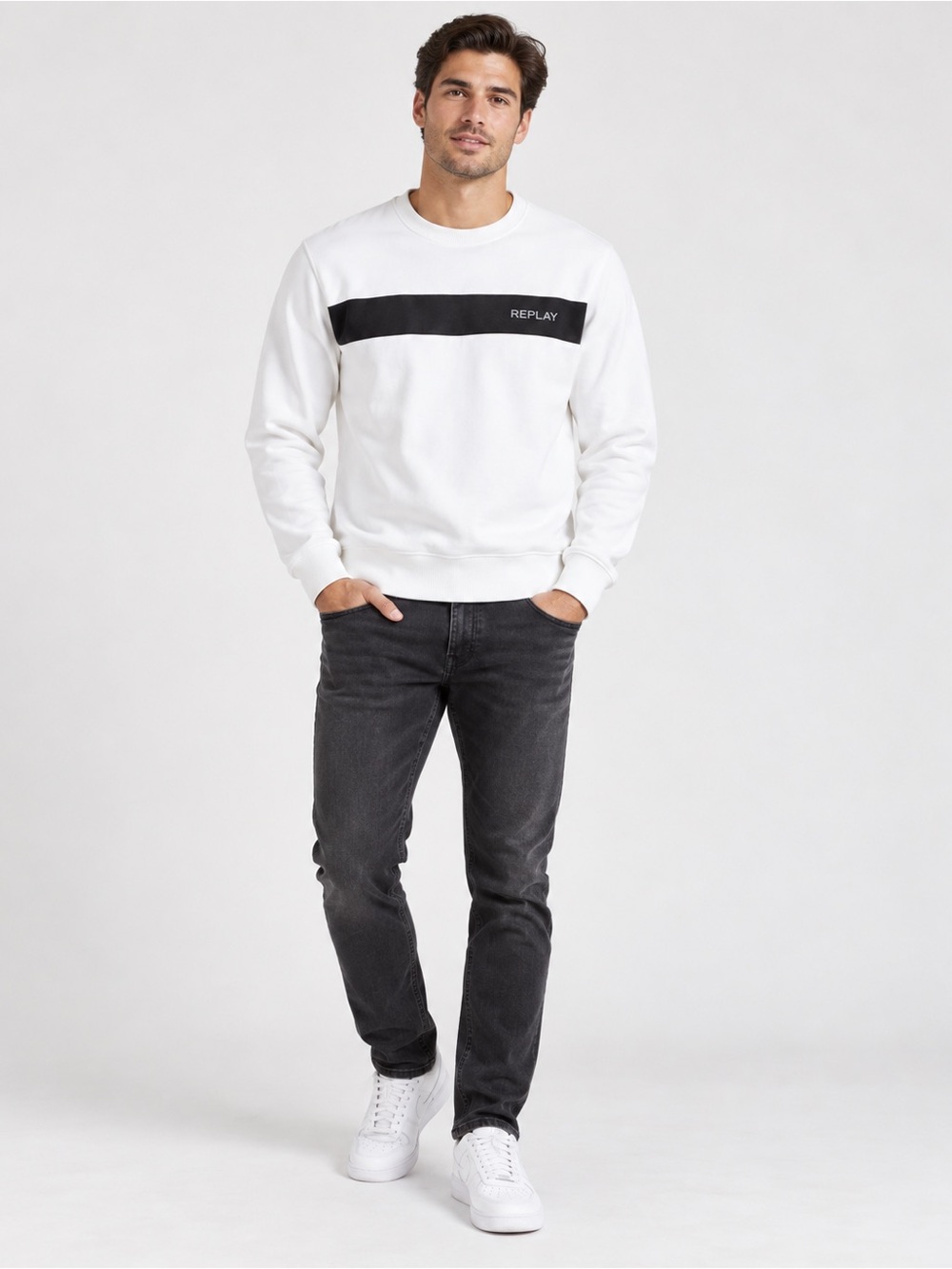 Replay White Crewneck Sweatshirt Black Stripe Logo Men’s Size L
